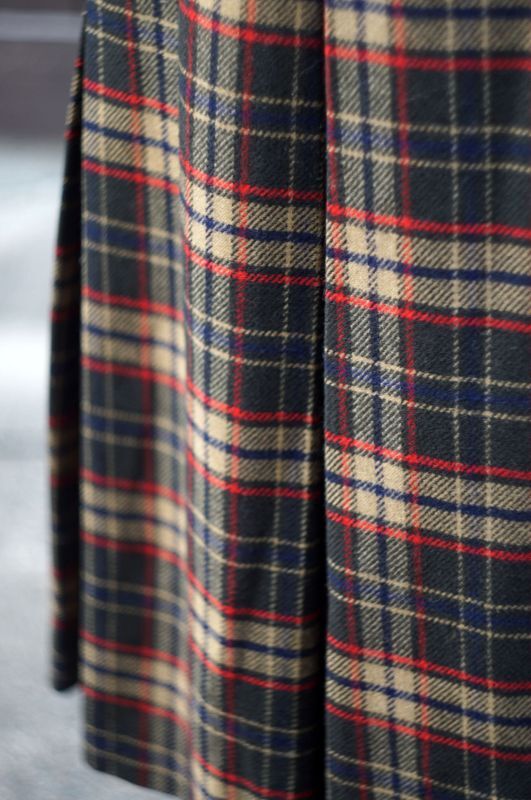 画像5: タータンチェック柄 ベージュ系 ウール スカート プリーツ w67cm 丈70cm [17661]