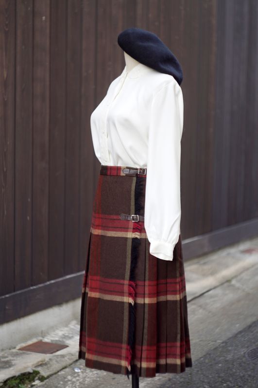 画像3: チェック柄 赤×ブラウン ツイード ウール 巻きスカート w73cm [17938]