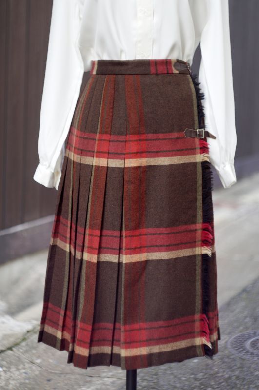 画像1: チェック柄 赤×ブラウン ツイード ウール 巻きスカート w73cm [17938]