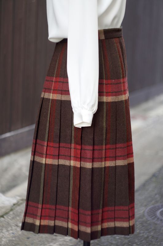 画像2: チェック柄 赤×ブラウン ツイード ウール 巻きスカート w73cm [17938]