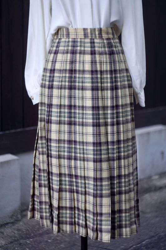 画像1: チェック柄 緑×紫 プリーツスカート w67cm[18155]