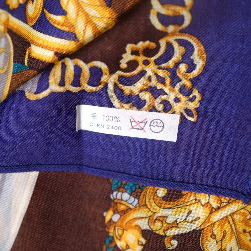 画像5: 装飾模様 青×ブラウン系 ウール100% スカーフ 74cm四方 [18223]