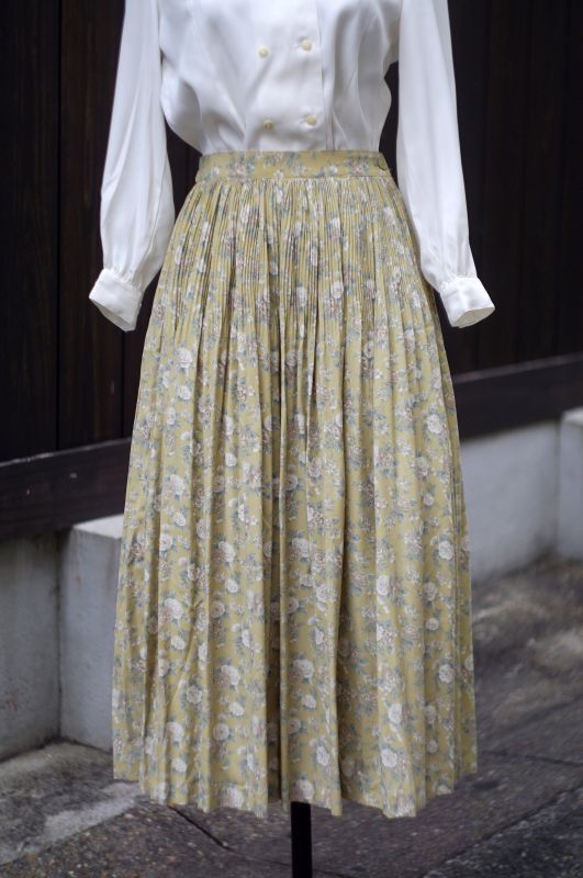 画像1: 花柄 緑系 ギャザー スカート w/64cm[18448]