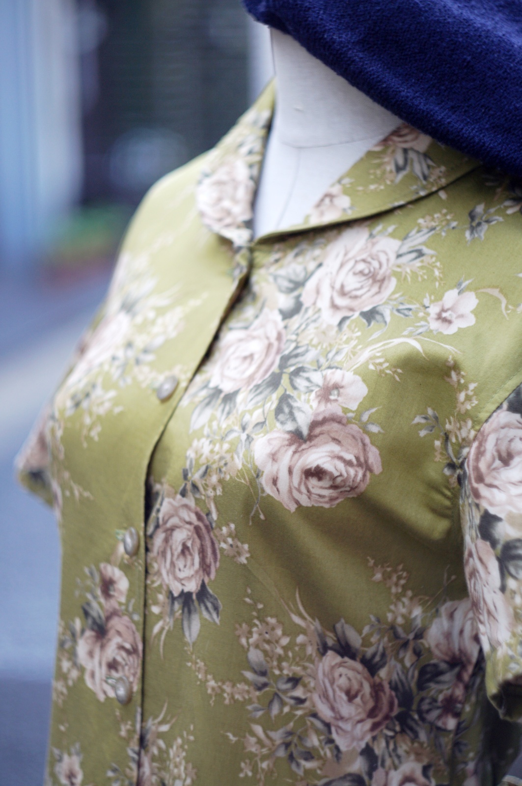 画像9: 花柄 グリーン系 半袖 レトロワンピース タイニーカラー 腰リボン[20003]