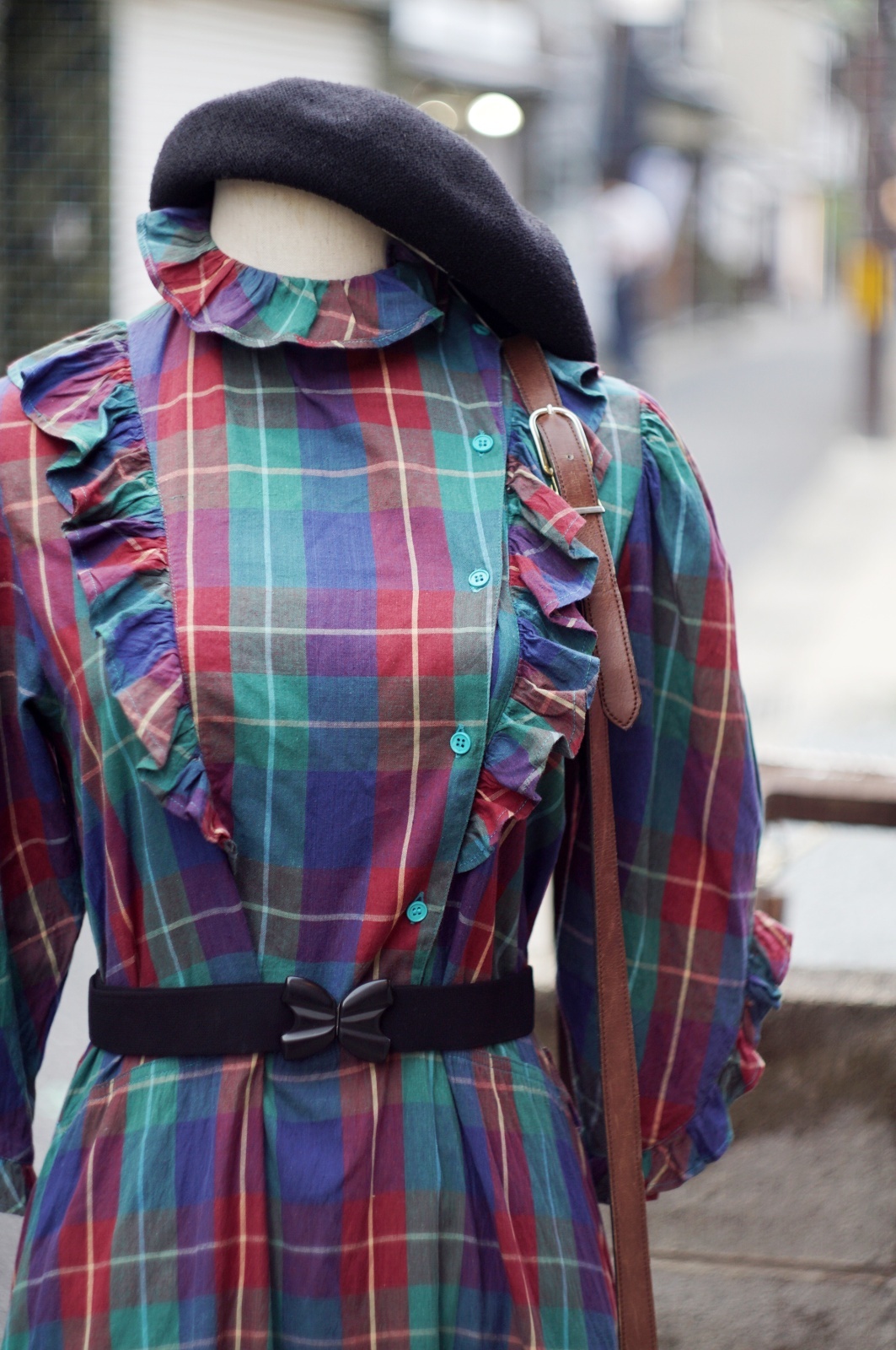 画像6: "TOUCHE" マルチカラー チェック柄 コットン 五分袖 レトロワンピース フリルカラー フリル[20064]