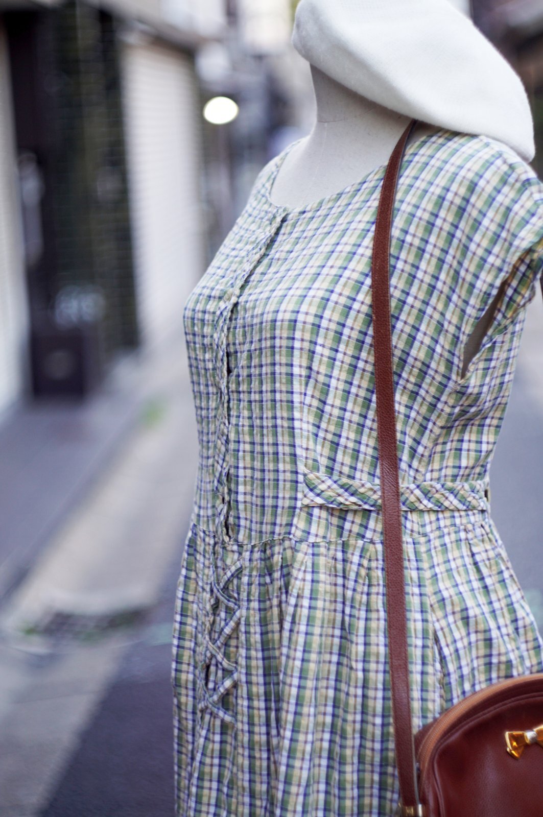 画像8: "Tokyo boire" グリーン系 チェック柄 フレンチスリーブ  レトロワンピース ラウンドネック シワ加工[20072]