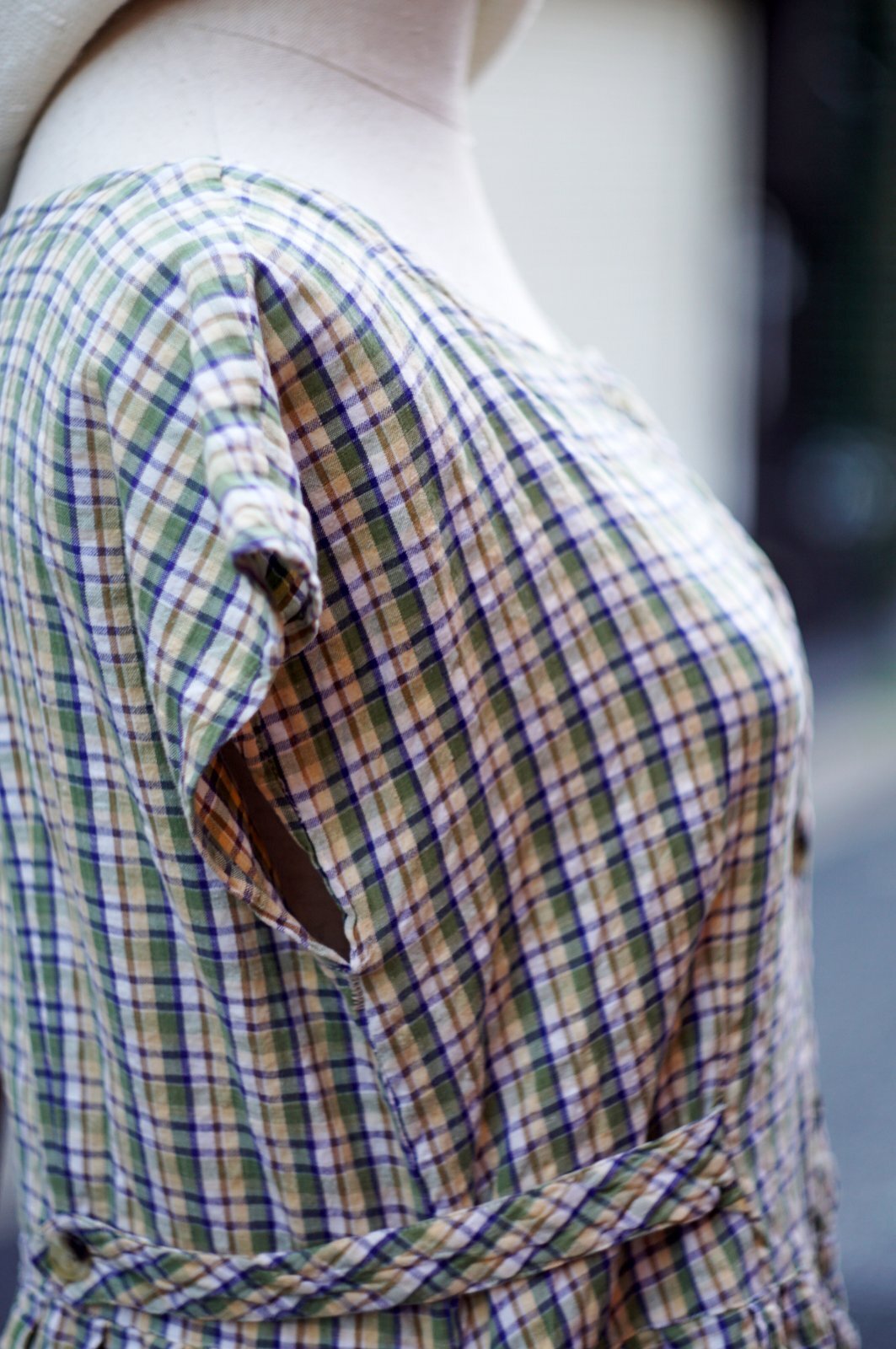 画像9: "Tokyo boire" グリーン系 チェック柄 フレンチスリーブ  レトロワンピース ラウンドネック シワ加工[20072]