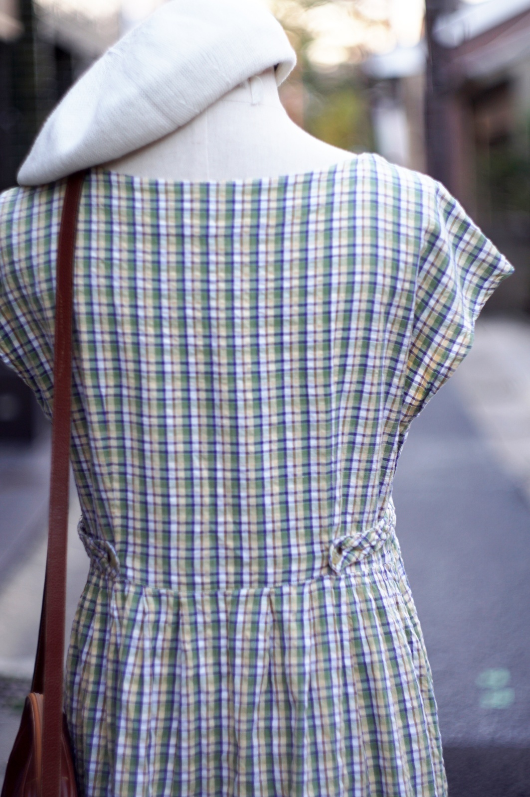 画像10: "Tokyo boire" グリーン系 チェック柄 フレンチスリーブ  レトロワンピース ラウンドネック シワ加工[20072]