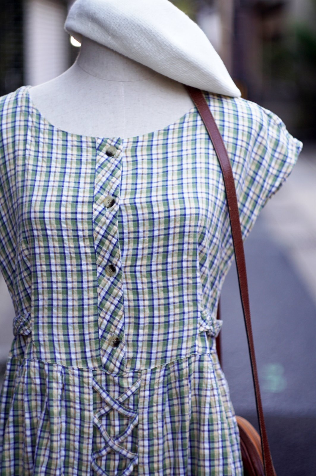 画像5: "Tokyo boire" グリーン系 チェック柄 フレンチスリーブ  レトロワンピース ラウンドネック シワ加工[20072]