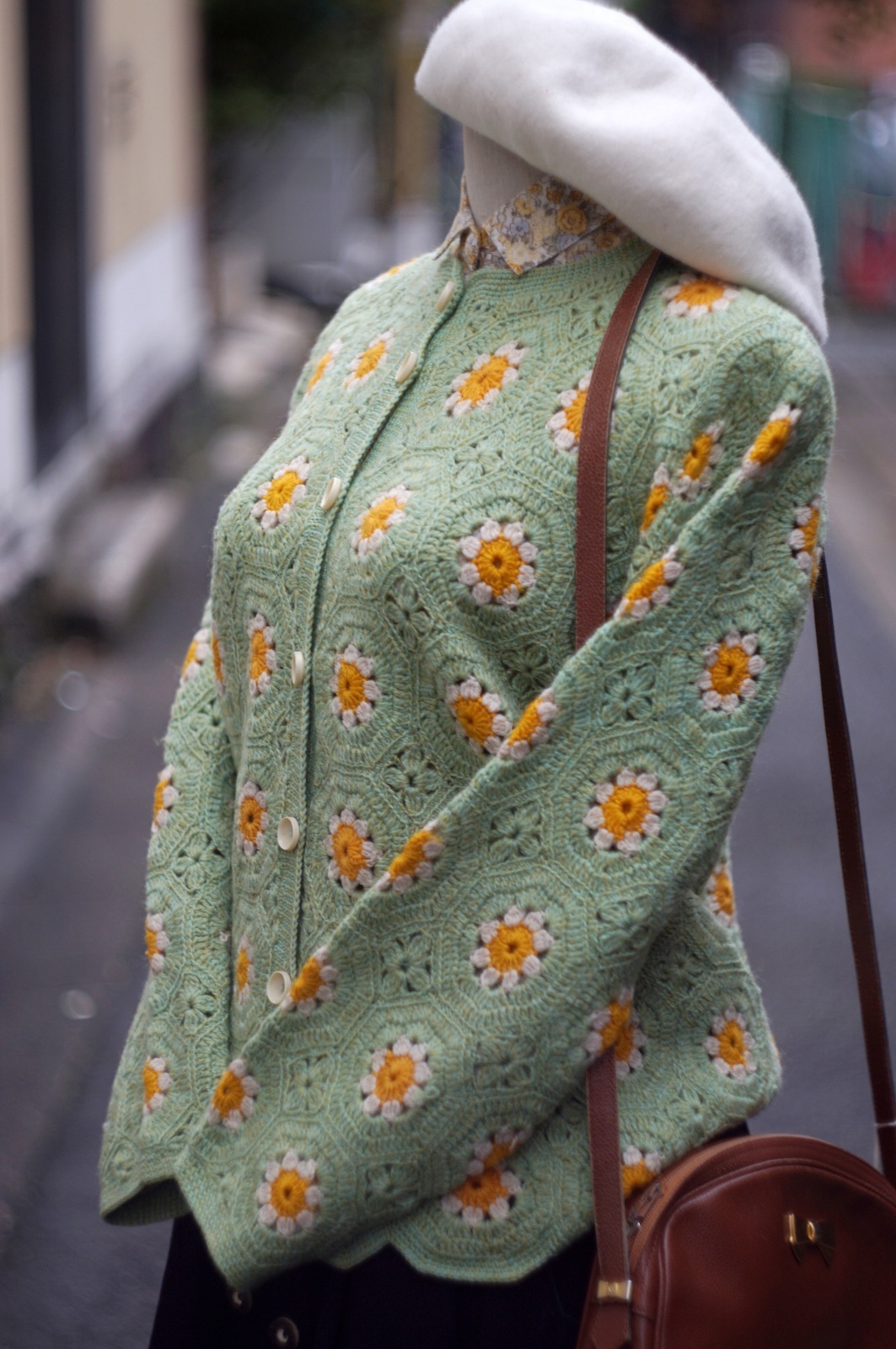 画像7: 花柄 グリーン ニット カーディガン クロシェ [20423]