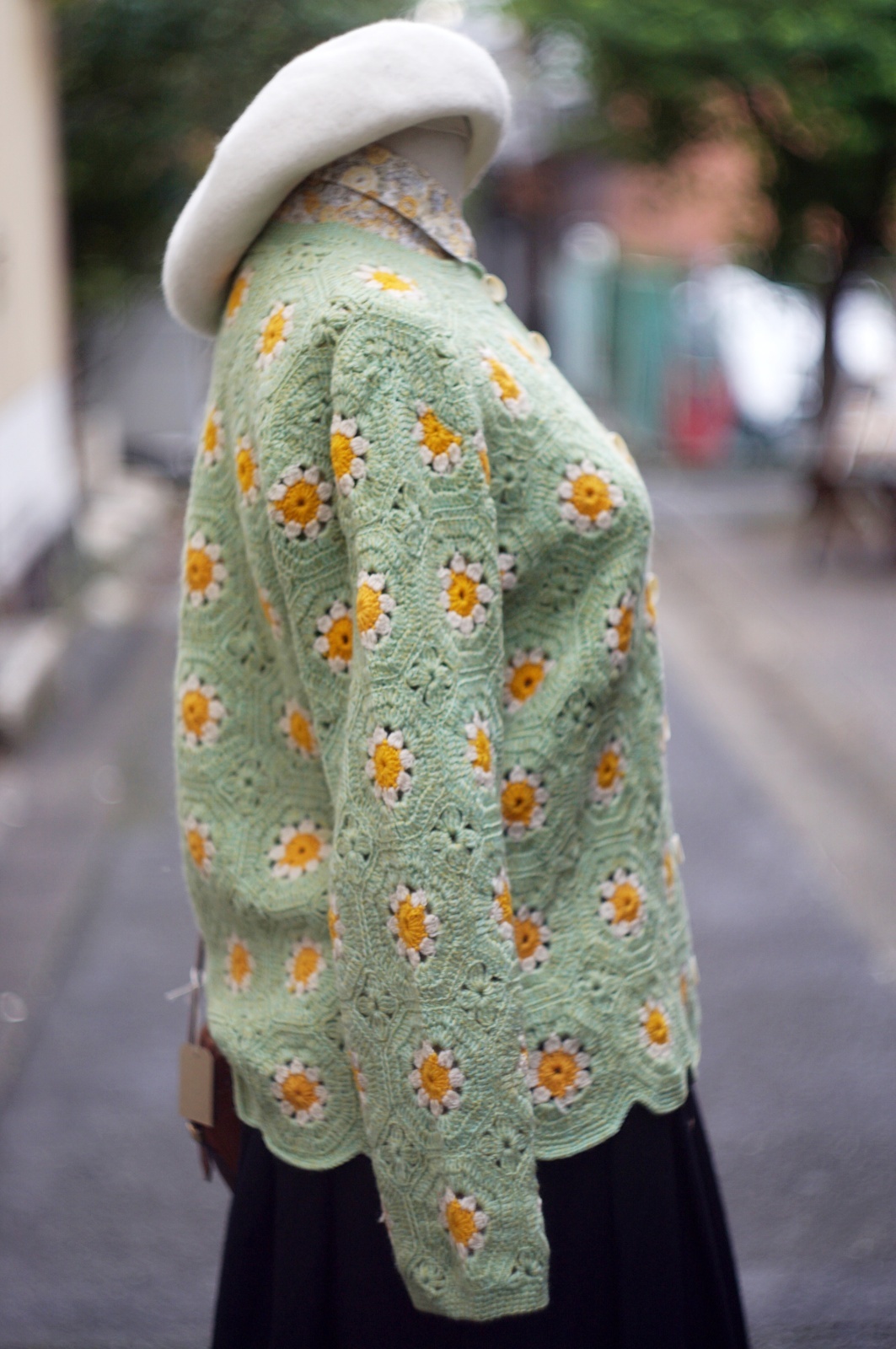 画像4: 花柄 グリーン ニット カーディガン クロシェ [20423]