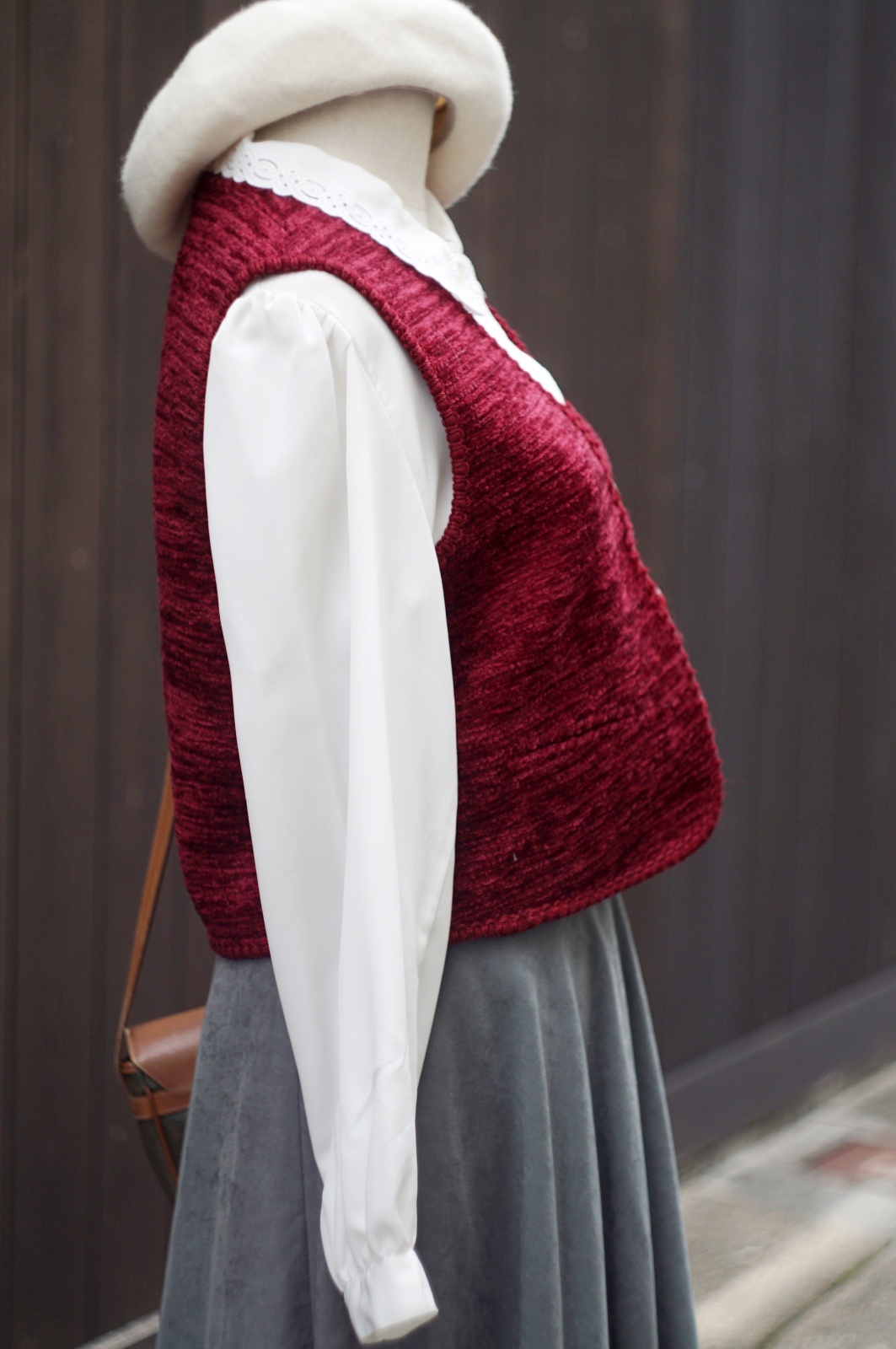 画像5: 無地 ワイン ベスト ノーカラー 前開き [20459]