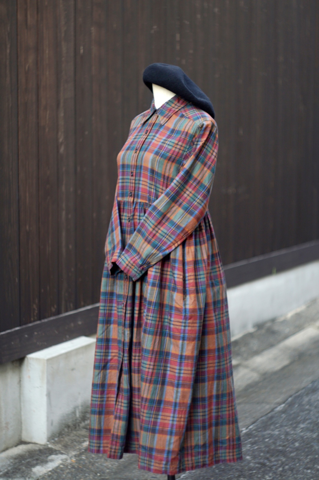 画像1: チェック柄 コットン ウール マルチカラー 長袖 レトロワンピース レギュラーカラー [20500]