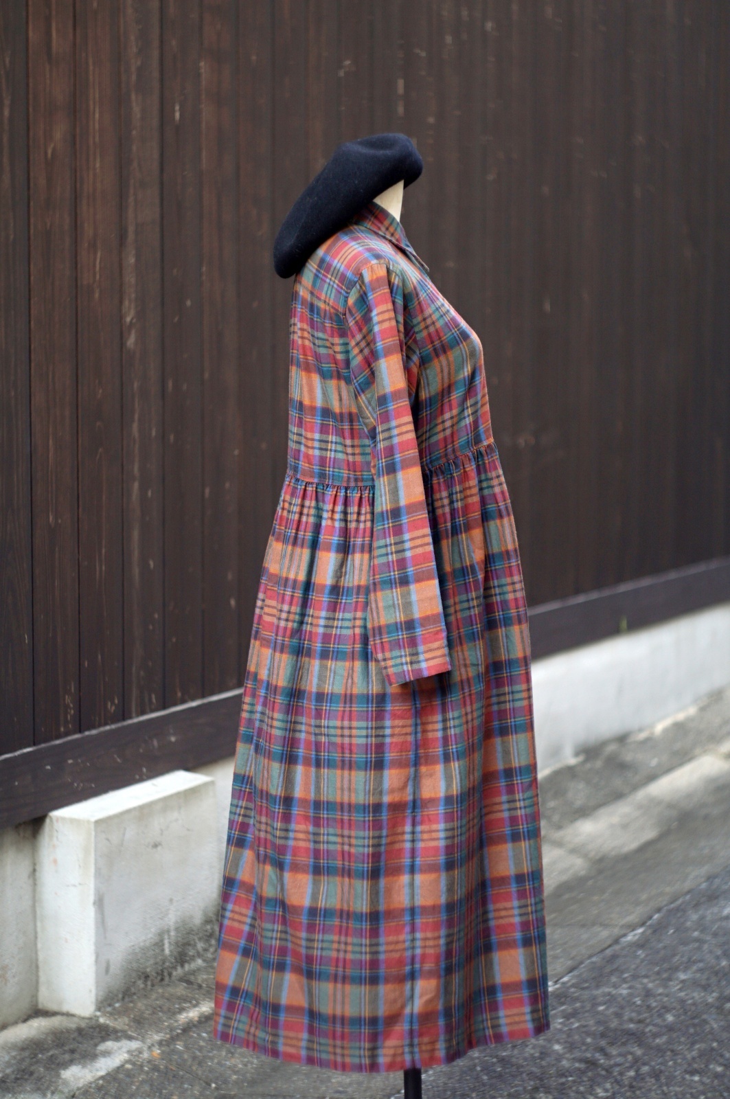 画像2: チェック柄 コットン ウール マルチカラー 長袖 レトロワンピース レギュラーカラー [20500]