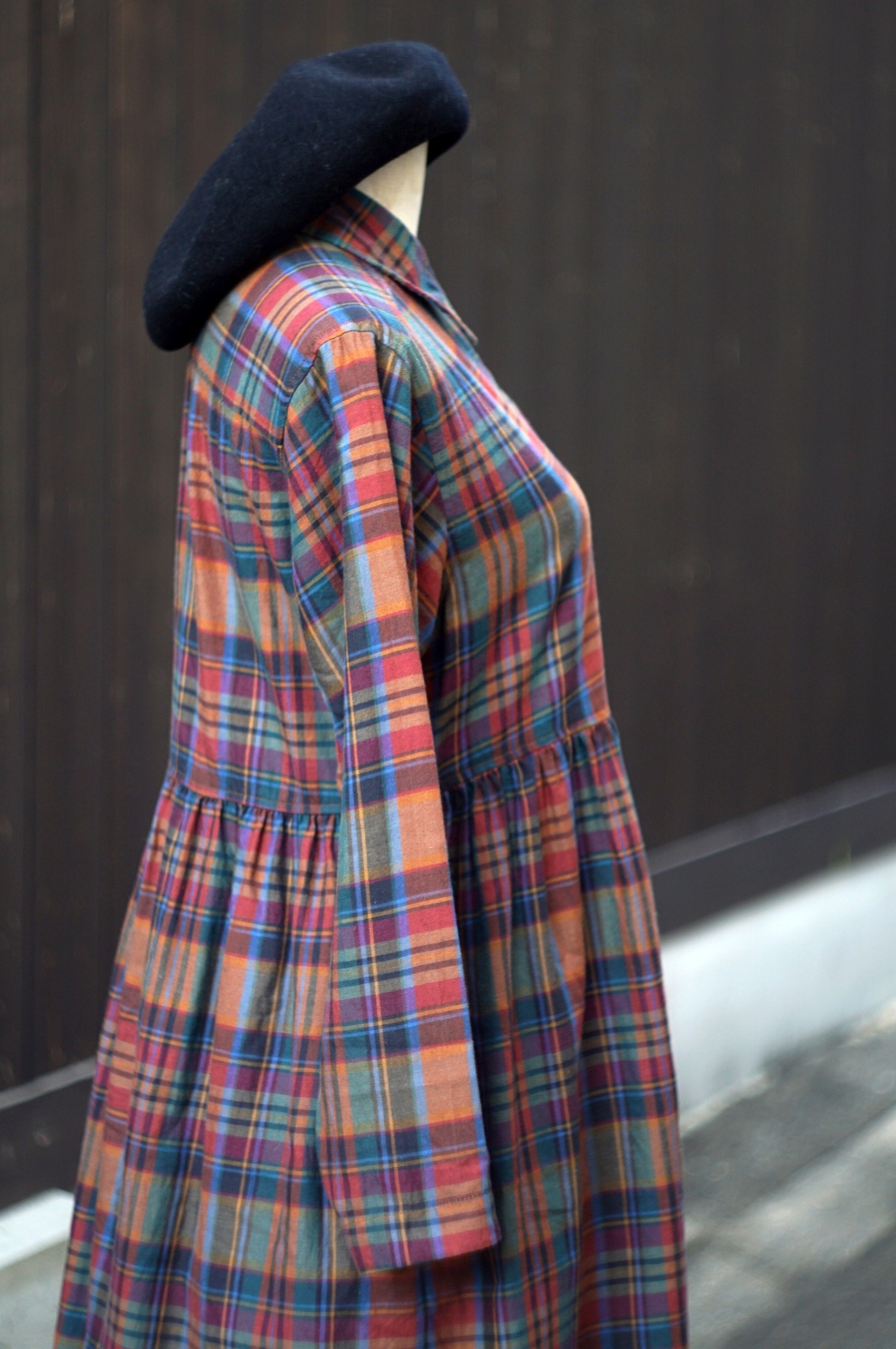 画像7: チェック柄 コットン ウール マルチカラー 長袖 レトロワンピース レギュラーカラー [20500]