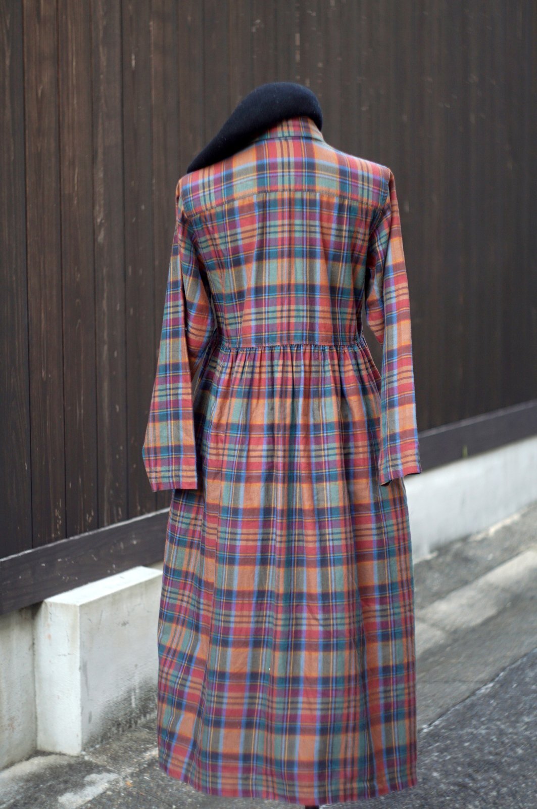 画像3: チェック柄 コットン ウール マルチカラー 長袖 レトロワンピース レギュラーカラー [20500]