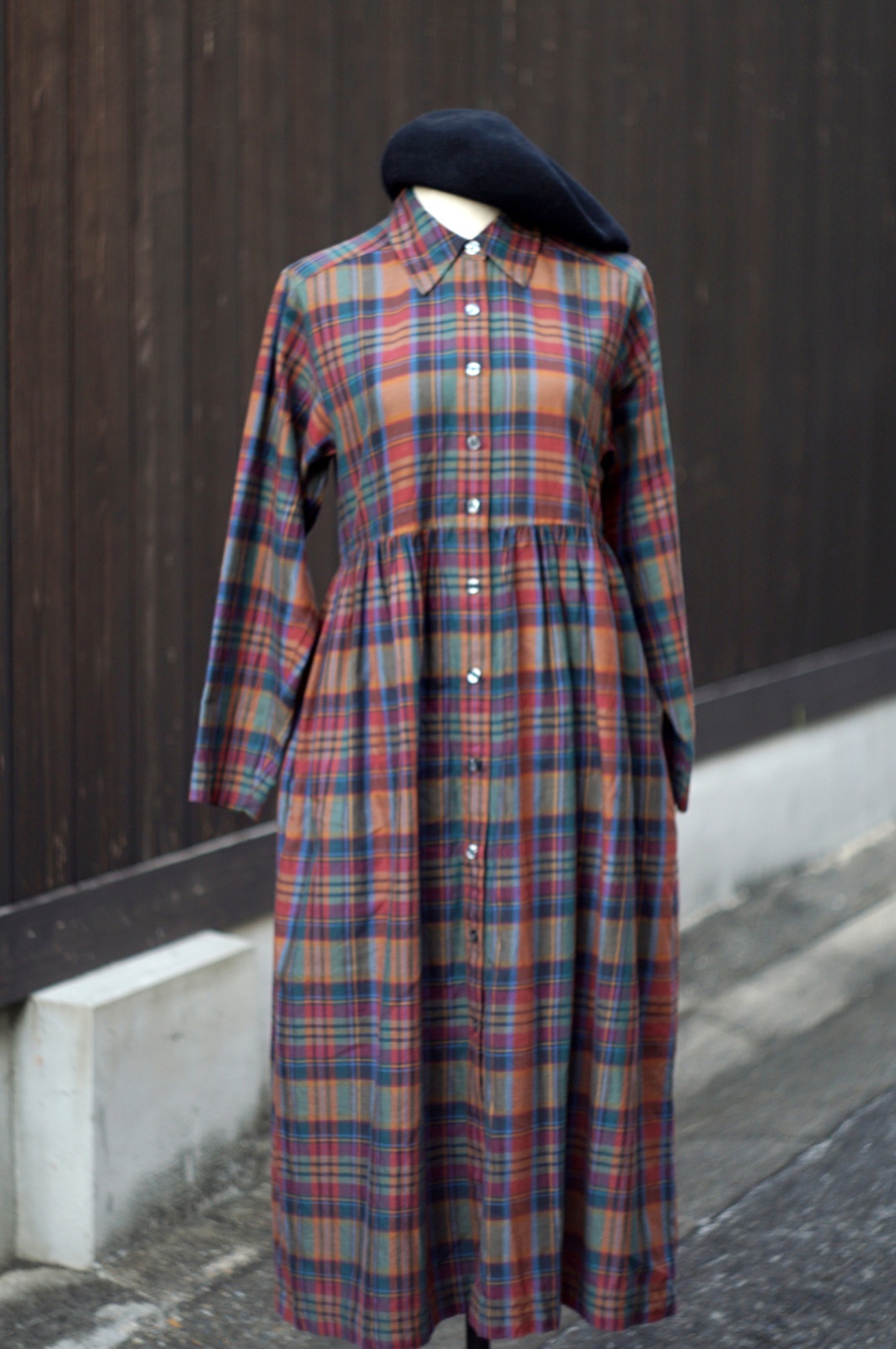 画像4: チェック柄 コットン ウール マルチカラー 長袖 レトロワンピース レギュラーカラー [20500]