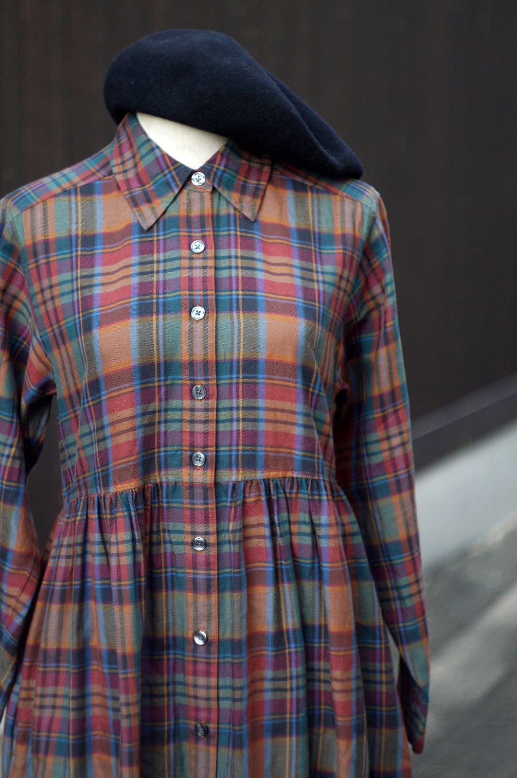 画像5: チェック柄 コットン ウール マルチカラー 長袖 レトロワンピース レギュラーカラー [20500]