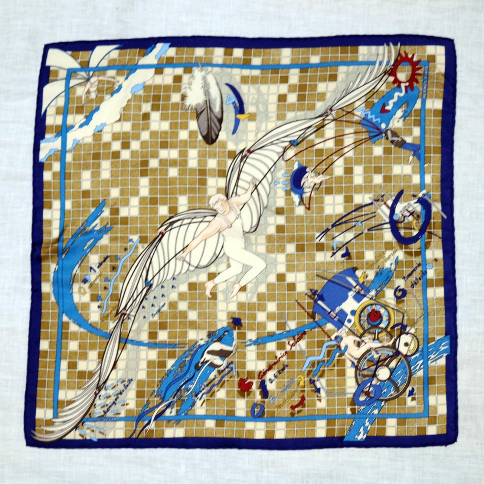 画像2: ”HERMES” フランス製 ネイビー×ブラウン系  パラグライダー柄  ミニスカーフ 41cm×41cm[20564]