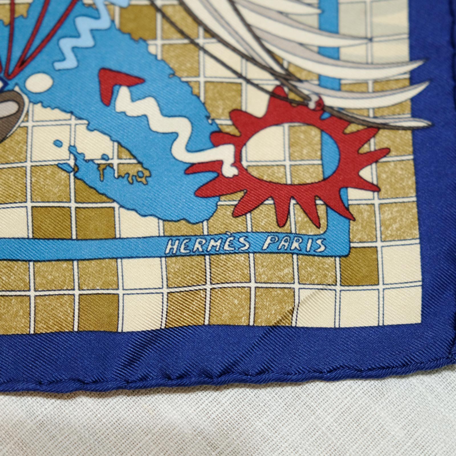 画像5: ”HERMES” フランス製 ネイビー×ブラウン系  パラグライダー柄  ミニスカーフ 41cm×41cm[20564]