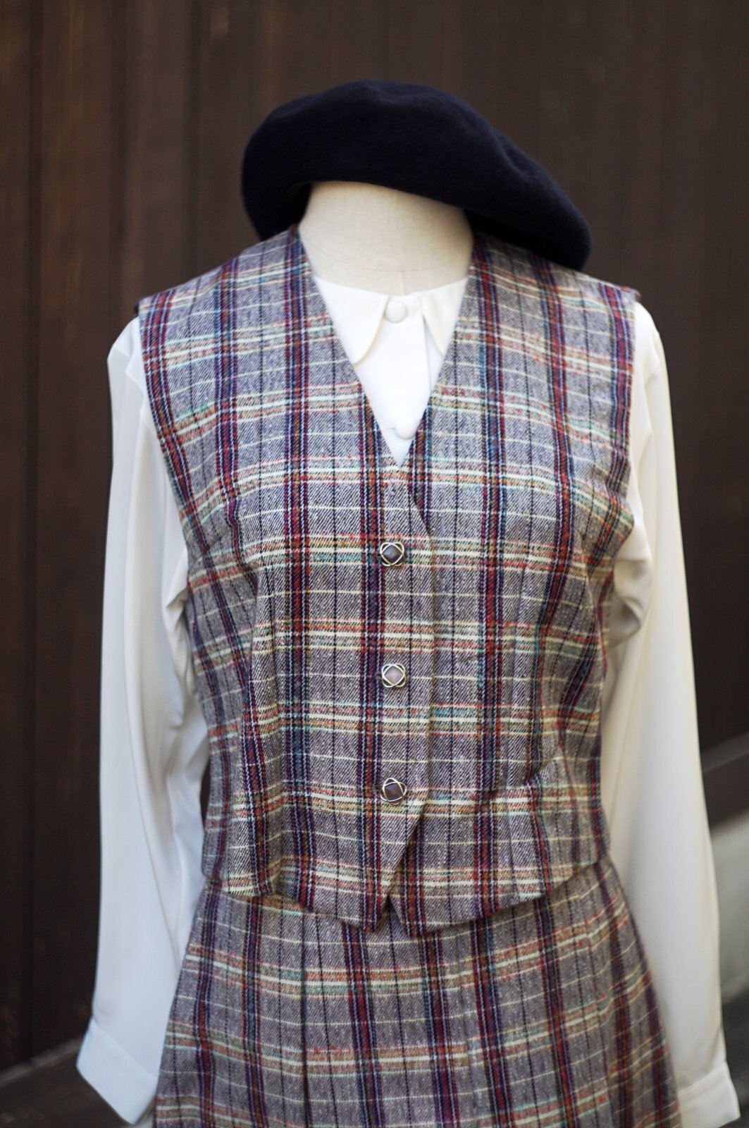 画像16: マルチカラー チェック柄 ツイード ジャケット＆ベスト&スカート スリーピース セットアップ [20503]
