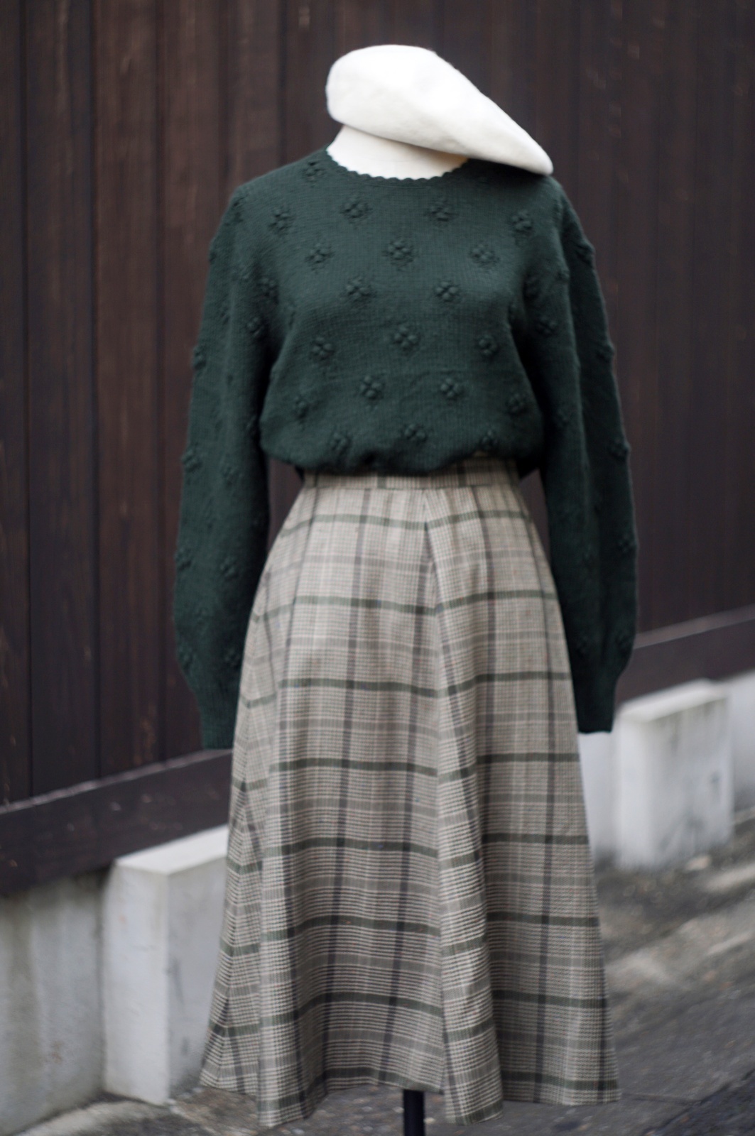 画像6: ”ELMIDAS” グレンチェック柄 ウール カーキ系 スカート フレア w64cm[20507]