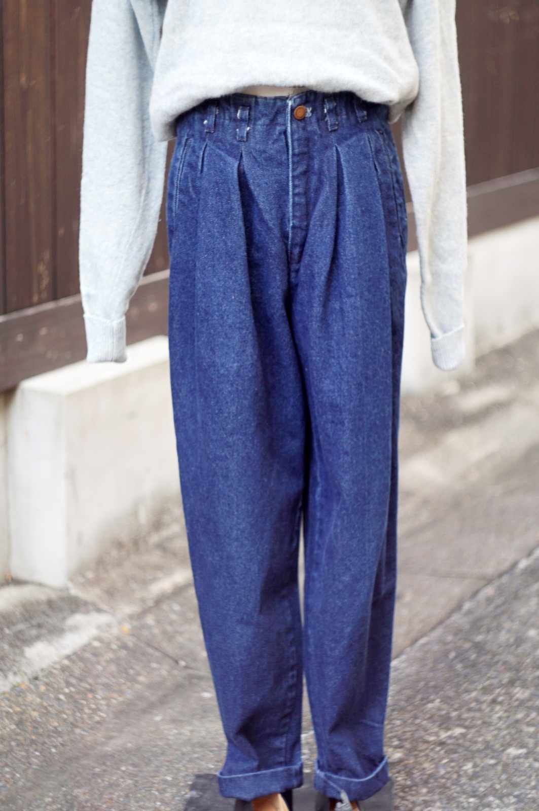 画像1: "TOGETHER!" US製 無地  コットン デニム パンツ ツータック /w66cm [20569]