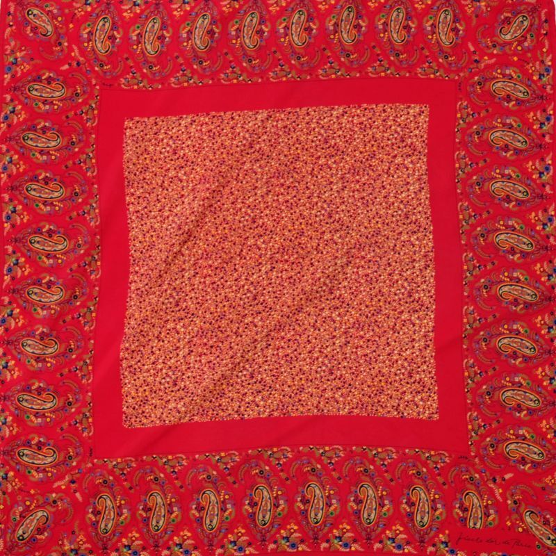 画像1: ペイズリー柄 赤系 シルク スカーフ 78cm×78cm[12402]